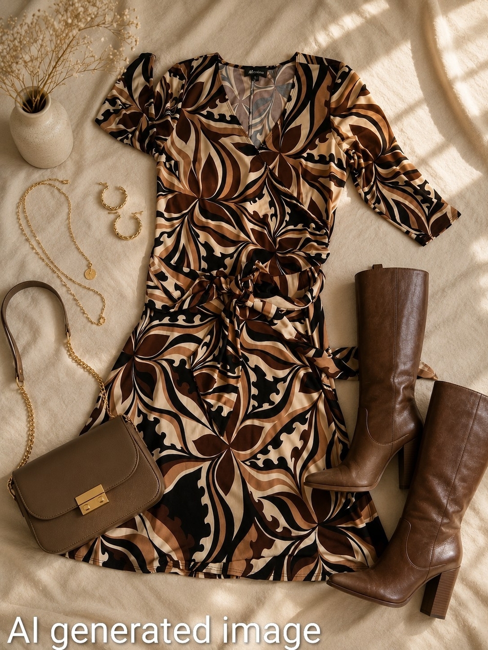 AB Studio Brown & Beige Abstract Swirl Tie Waist Faux Wrap Dress Size L